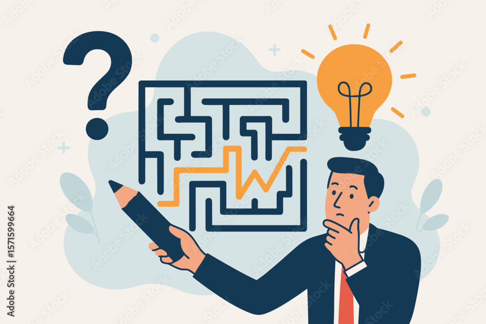 Poster problem solving and creative thinking concept. businessman finding a solution through a maze. from q