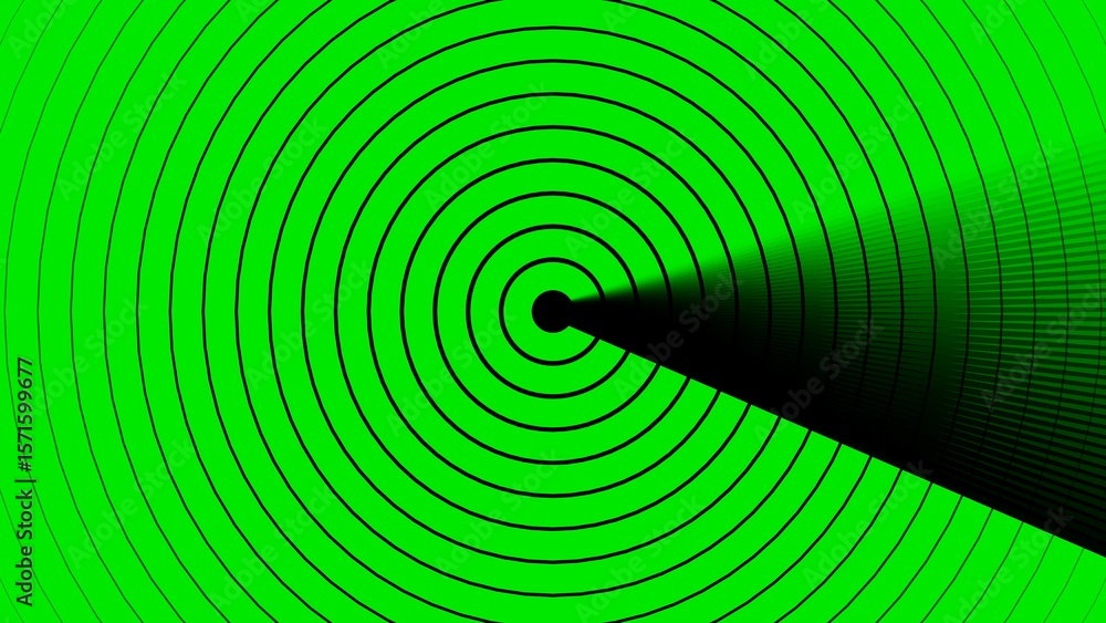 Poster concentric circles on green background with abstract black shape creating visual depth and impact in