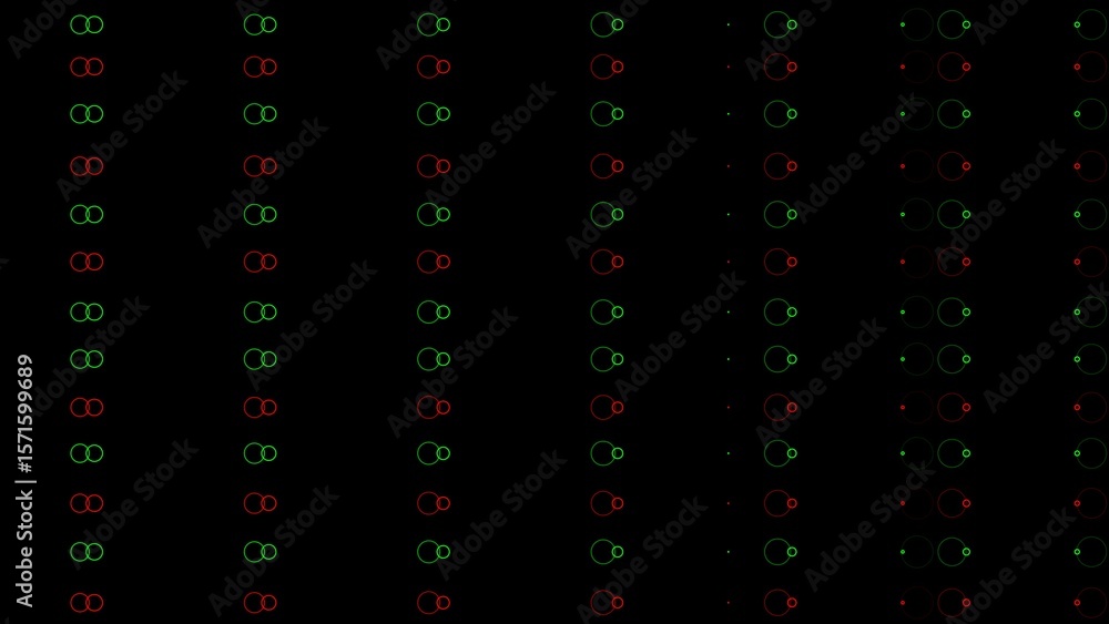 Poster data visualisation of sequential circles on a black canvas illustrating red and green colored symbol