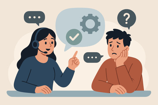 Customer service operator helps solve a problem for a confused client. Call center agent providing technical support and advice. Helpline communication concept for finding a solution.