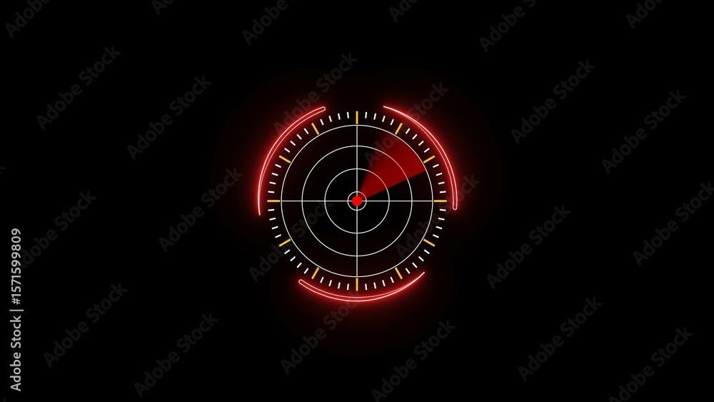 Poster futuristic radar screen interface displaying technological information against a dark background for