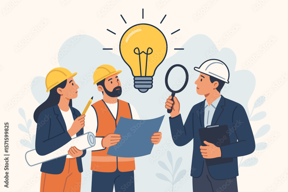 Aufkleber engineers and architects team brainstorming a new idea. construction workers planning with blueprint