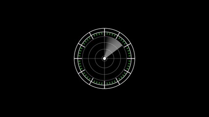 Digital radar screen interface with scanning sweep on black background depicting futuristic technology in a simple minimalist style