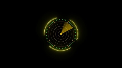 Animated futuristic radar or sonar display on black background with neon green and yellow accents showing progress and scanning process