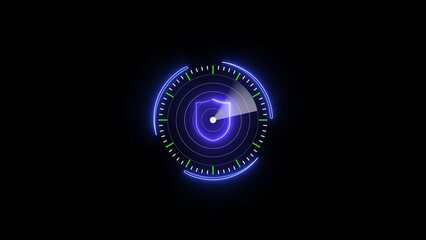 Futuristic cyber security shield icon with neon blue glowing circular design on black background representing data protection