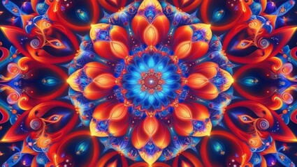 Vibrant symmetrical abstract mandala with red, blue, orange patterns, colorful spiritual loop in full HD 4K video