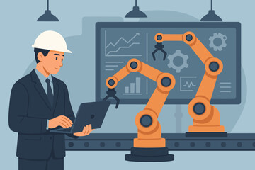 Engineer using laptop for analysis and control of robotics automatic arms. Digital manufacturing and smart factory operation with monitoring system. Industrial 4.0 automation concept.