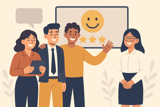 Employee satisfaction and workplace happiness concept. Happy business team showing positive feedback and high rating. Team motivation, success, employee engagement, and survey.