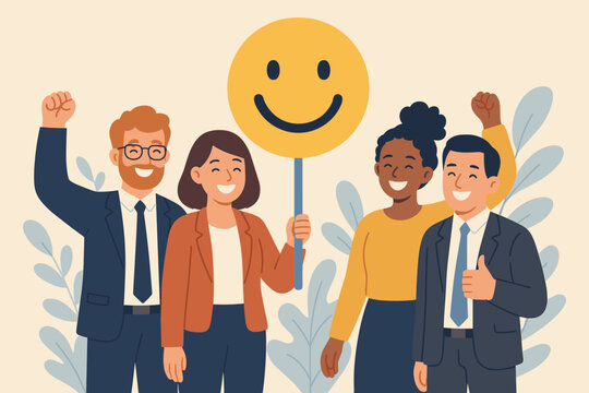 Employee satisfaction and workplace happiness concept. Success team motivation. Staff engagement and participation. Company survey feedback. Positive rating. Happy business people.