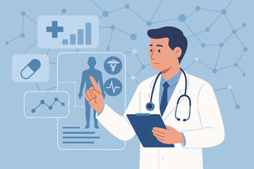 Medical doctor analyzing patient data, digital health records, diagnosis, research, healthcare technology, virtual interface, medical examination, data analysis, medicine