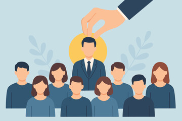 Human resource management concept. Recruitment, employee selection, leadership choice from group. HR manager picking candidate. Teamwork, business staff, job interview, hiring process