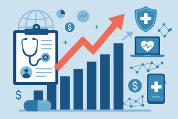 Healthcare business growth analytics, financial investment trends, global medical insurance, digital health technology, data network, medical statistics, profit increase