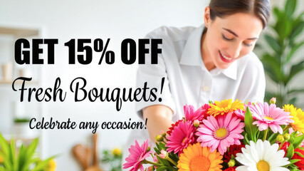 A cheerful florist organizes vibrant fresh flower bouquets in a bright shop.The promotion offers a 15% discount,inviting customers to celebrate any occasion with beautiful arrangements.