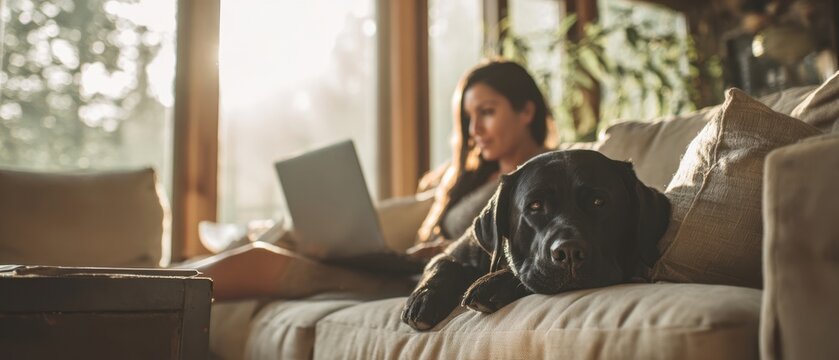The woman with her dog enjoying a cozy afternoon at home