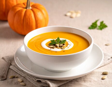 Sopa cremosa en plato hondo sobre lino claro