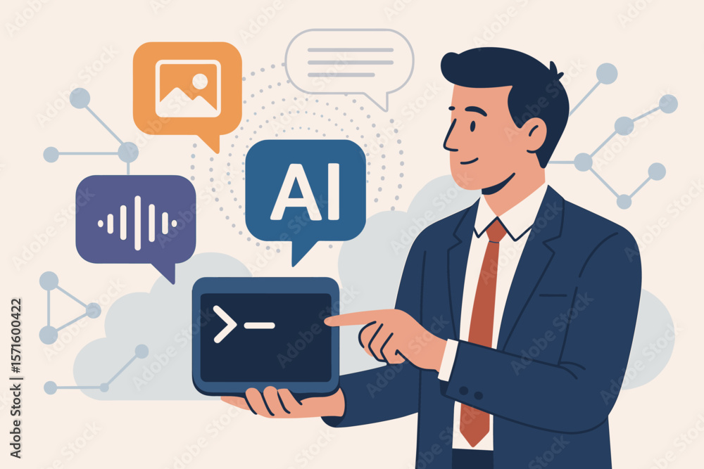 Poster businessman demonstrates artificial intelligence command prompt generating text, image, speech, data