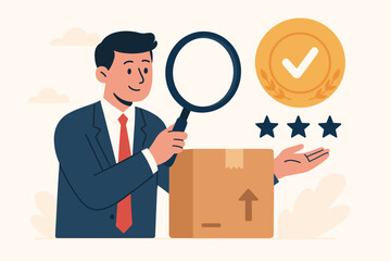 Quality Assurance and Quality Control Concept for Customer Satisfaction, Businessman Inspecting Product with Magnifying Glass, Policy Commitment, Trust Guarantee, Approval, Rating