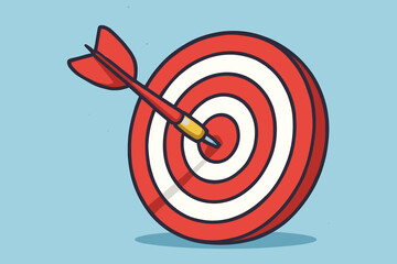 Bullseye target with red dart arrow hitting center. Success, achievement, goal setting, focus, accuracy, winning, motivation. Modern flat cartoon vector illustration.