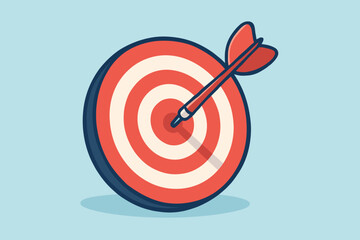 Bullseye target with red dart arrow hitting center. Success achievement concept. Precision aim, goal setting, motivation, accuracy, business strategy. Flat cartoon vector illustration