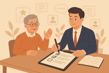 Business meeting illustration, requirements gathering, client demand, customer feedback, project summary, stakeholder discussion, checklist, professional consultation, meeting notes