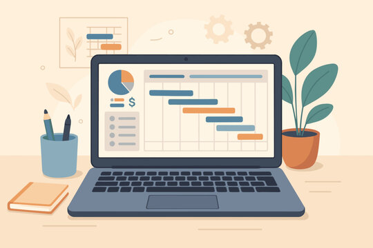 Project management planning for software development, resource allocation, budget analysis, Gantt chart schedule, work deadline tracking, business analytics on laptop