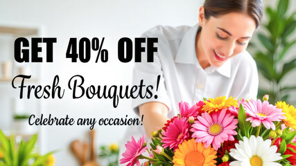 A cheerful florist organizes vibrant fresh flower bouquets in a bright shop.The promotion offers a 40% discount,inviting customers to celebrate any occasion with beautiful arrangements.