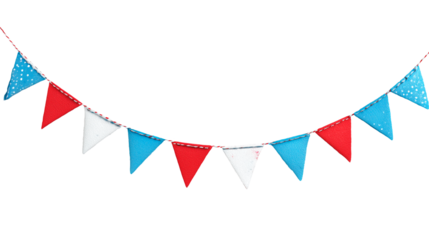 Bright bunting banner with red, white, and blue triangles for festive decoration at outdoor celebrations and parties