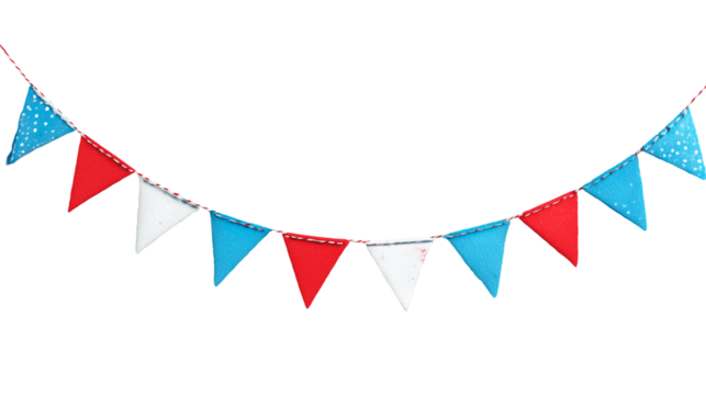 Bright bunting banner with red, white, and blue triangles for festive decoration at outdoor celebrations and parties