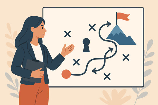 Business strategy planning, path to success, achieving goals, overcoming obstacles, solution discovery, leadership, businesswoman presenting winning tactics, growth concept