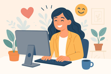 Happy businesswoman working at computer in modern office. Job satisfaction, employee wellbeing, passion for work, positive workplace, productivity, motivation, corporate success