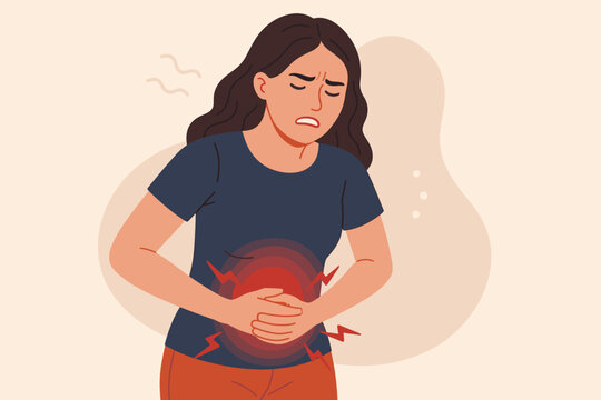 Woman holding stomach in pain, suffering from abdominal cramps, stomachache, menstrual period pain, gastric ulcer, appendicitis, gastrointestinal disease, healthcare concept