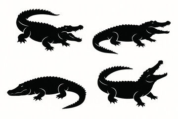 Naklejka premium Set of Large Crocodile Silhouette Vectors in Various Dynamic Poses on White Background