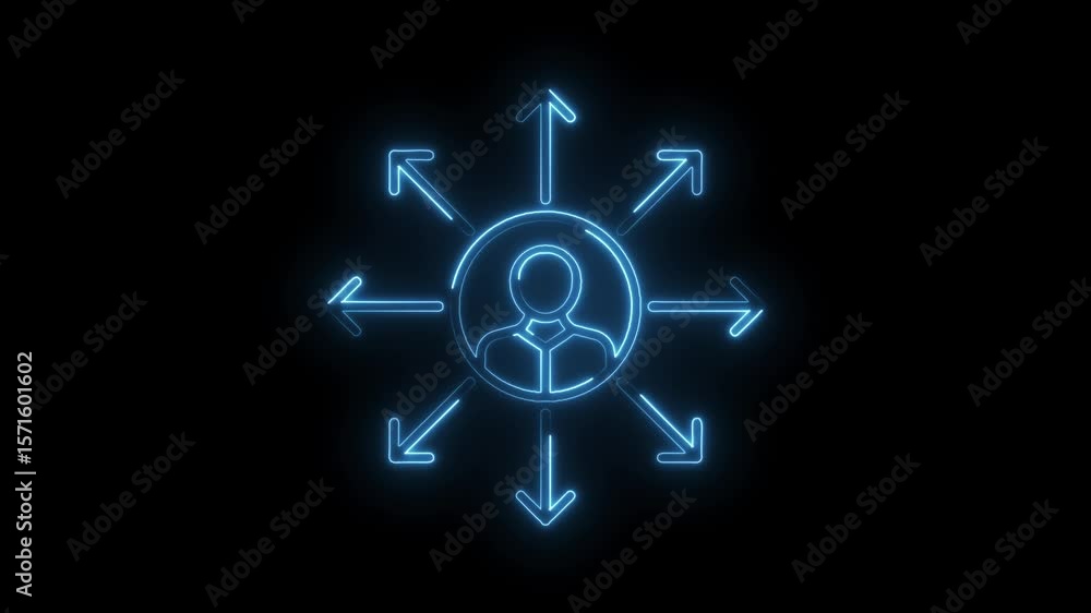 Poster glowing user icon with arrows expanding outward on a dark background animation