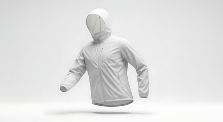 White Hooded Windbreaker Jacket Floating in Studio. Lightweight Athletic Sportswear with Blank Design, Ideal for Product Display and Mockups on Clean White Background