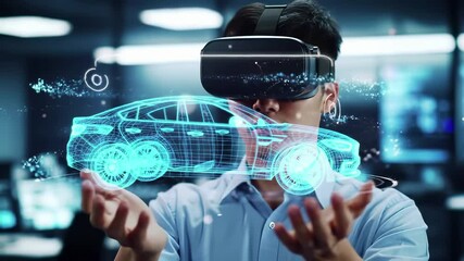 Virtual reality automotive design experience. Professional engineer using vr headset to interact with holographic car prototype. Digital visualization technology for vehicle development, engineering - Powered by Adobe