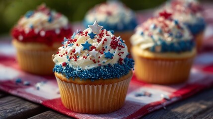 Delicious patriotic cupcakes topped with red, white, and blue sprinkles for a festive celebration