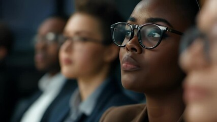 Young african american woman in glasses listening carefully during business seminar or conference presentation, footage.
