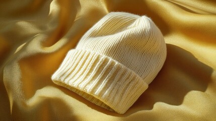 Cream-colored knit cap on golden fabric