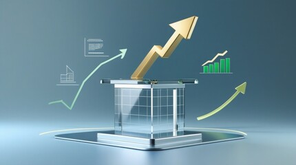  Wealth growth on transparent 3D podium with profit arrow, finance success, business gains, and stock increases