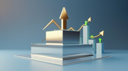  Wealth growth on transparent 3D podium with profit arrow, finance success, business gains, and stock increases