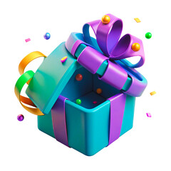 Open gift box with purple ribbon and confetti celebration