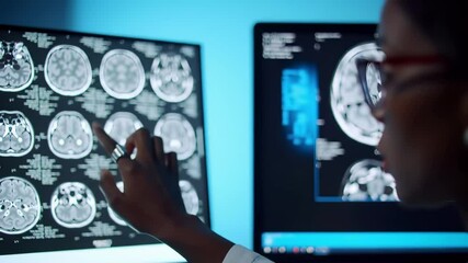 Medical professional examining brain scan images on computer monitor in modern radiology department. Digital healthcare technology for neurological diagnosis and patient treatment analysis in clinical - Powered by Adobe