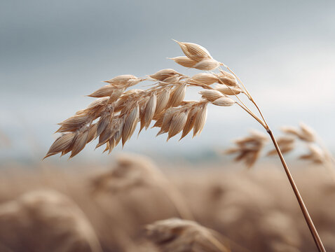 Fototapeta Golden wheat stalk against a muted sky. Evokes themes of harvest, nature, and resilience. Ideal for agriculture, food, or rural lifestyle projects.