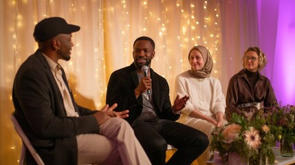 Engaging discussion among diverse speakers at a community event in a warmly lit indoor venue