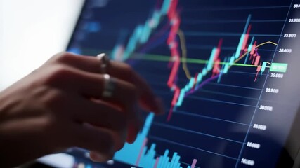 Professional finger touching interactive financial dashboard with colorful analytics charts and data visualization on digital tablet screen. Modern business intelligence interface for market analysis - Powered by Adobe