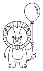 Cartoon Lion Cub Holding a Balloon - Black and White Outline Illustration