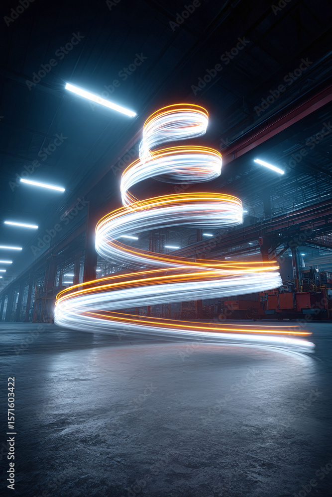 Poster dynamic light trail in a factory, illuminating motion and flow. evokes innovation, progress and tech