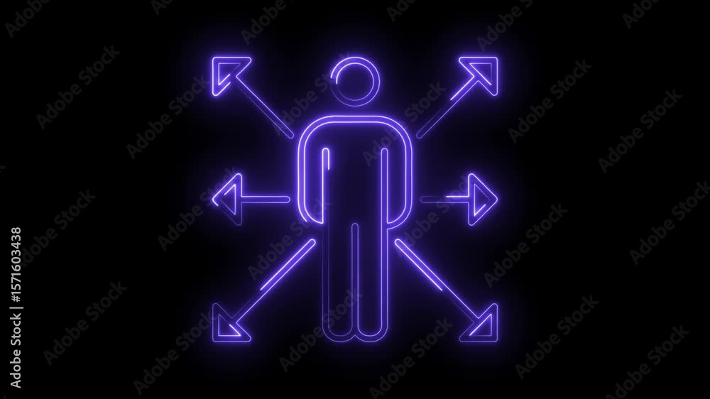 Poster neon man with multiple arrows outward illustrating decision points and opportunity paths
