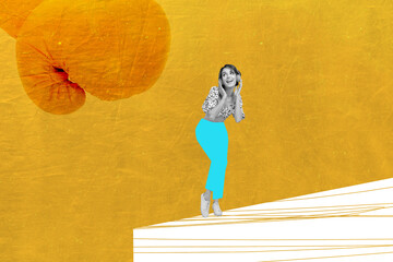 Art sketch image vertical collage of happy girl listen music headphones stand boxer glove heat...