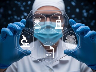 Scientist holding transparent interface with scientific icons